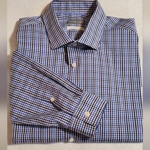 Michael Kors Navy and White Plaid Men's Shirt Sz 171/2 Slim Tall.